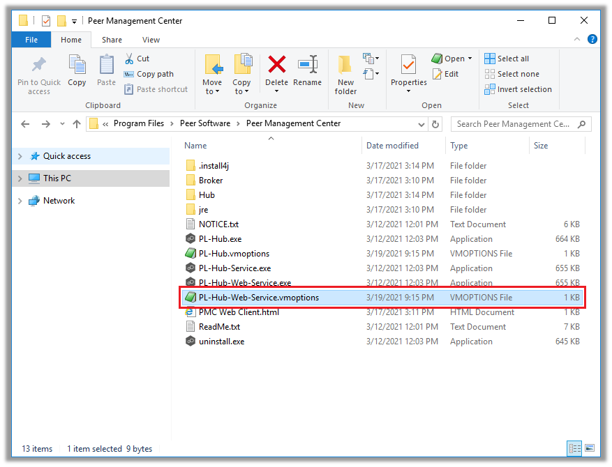 Example location of the PL-Hub-Web-Service.vmoptions file