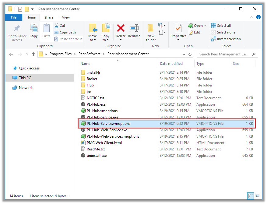 Example location of the PL-Hub-Service.vmoptions file