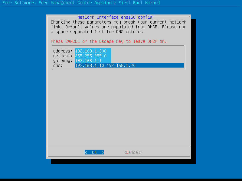 Network Interface config screen