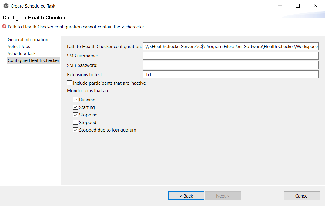 Create Scheduled Task wizard screenshot - Configure Health Checker page