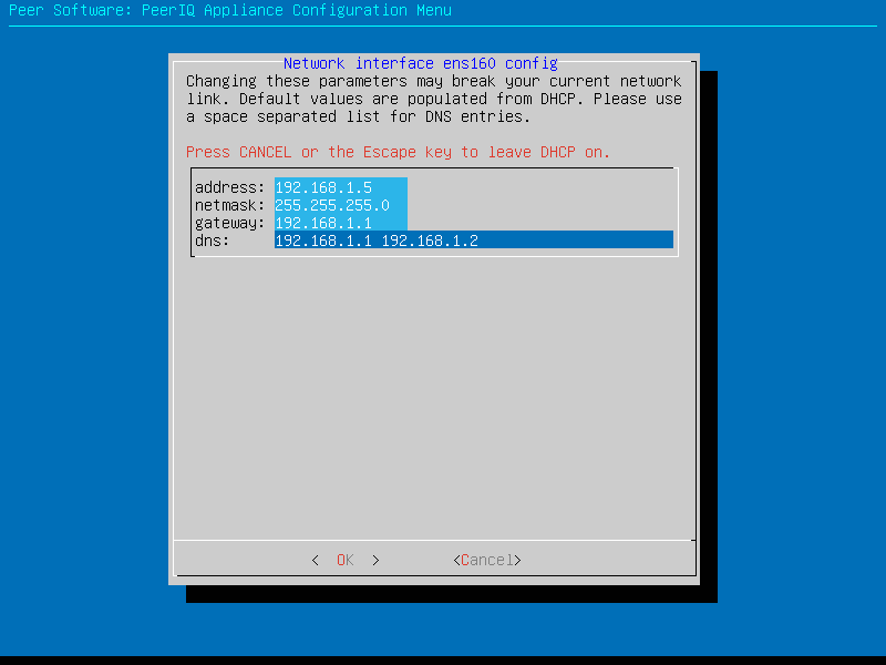 Network Interfaces Config screen